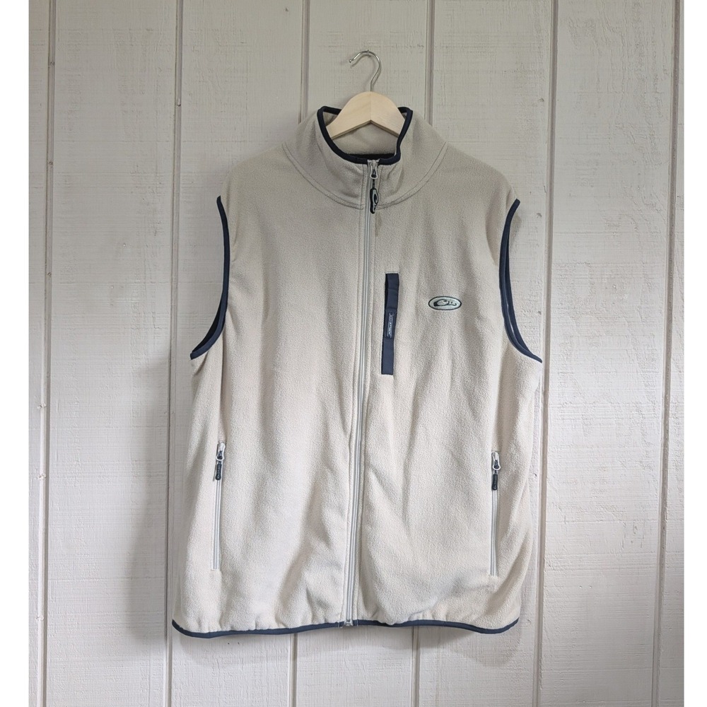 Drake Waterfowl Mens XL Tan Fleece Full Zip Vest Navy Trim Hunting Outdoor